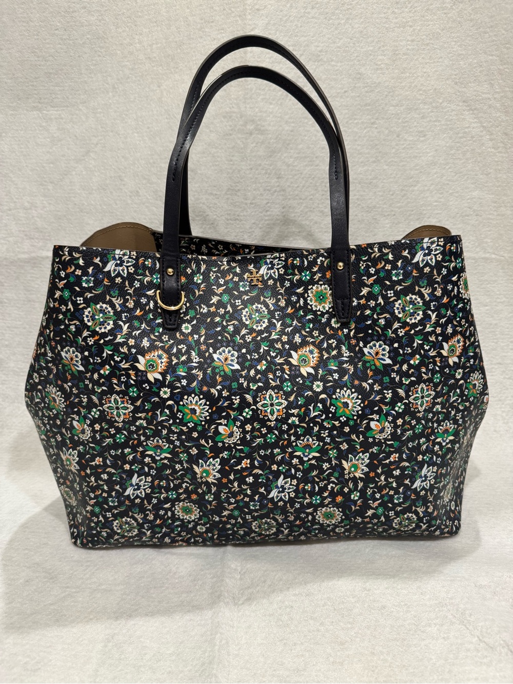 Tory Burch Navy and Green Floral Kerrington Tote Bag with Structured Design